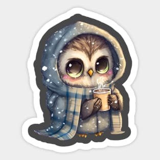 Chibi Owl Drinking Hot Chocolate cute christmas snow design series 5 Sticker